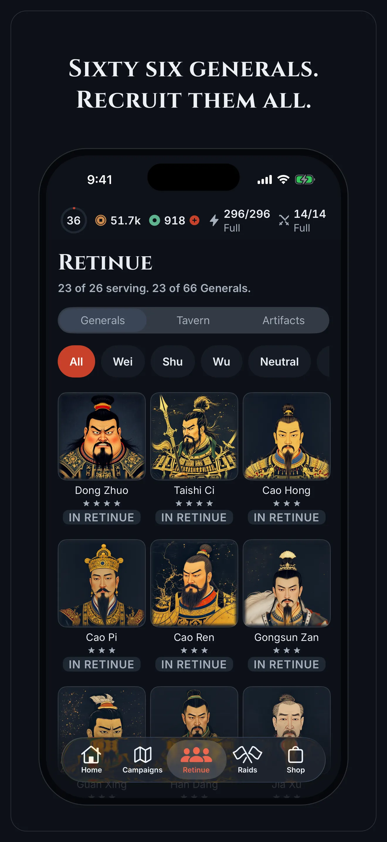 Screenshot: Sixty six Generals. Recruit them all.