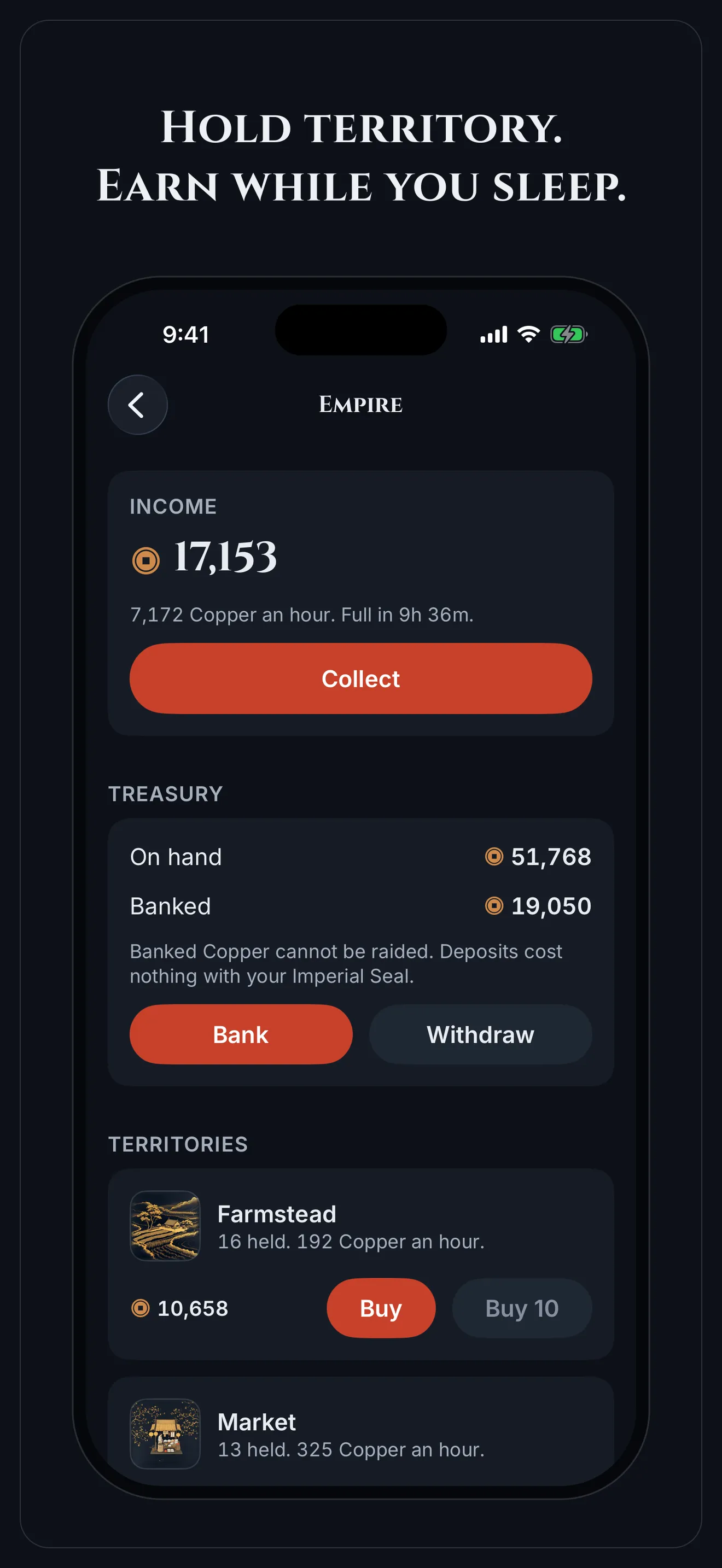 Screenshot: Hold territory. Earn while you sleep.