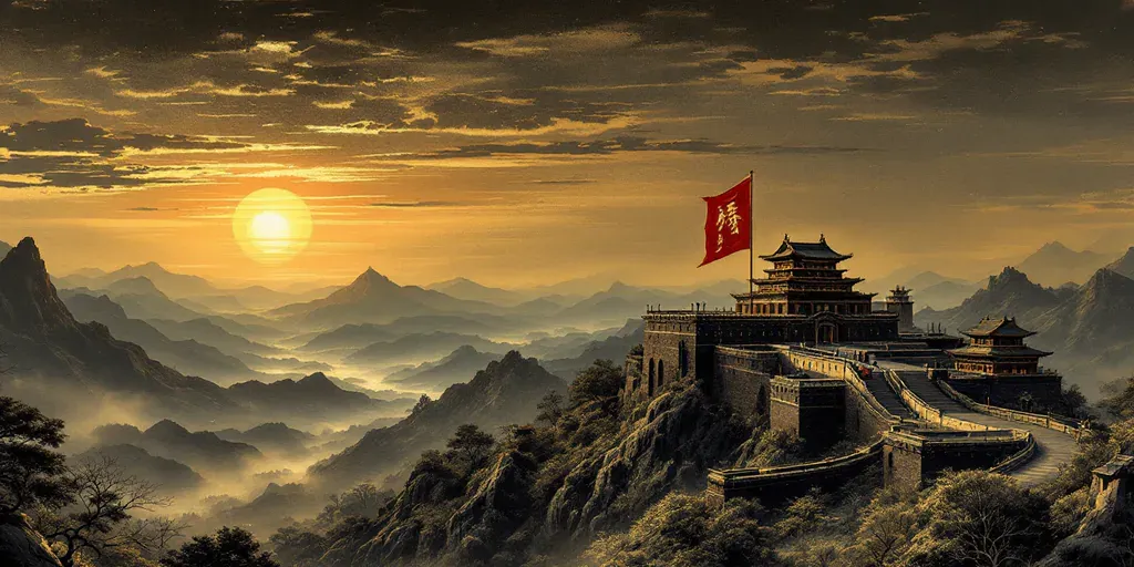 A fortress on a mountain ridge at sunset, a red banner over its walls