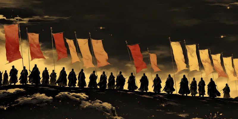 A line of officers under red and gold banners