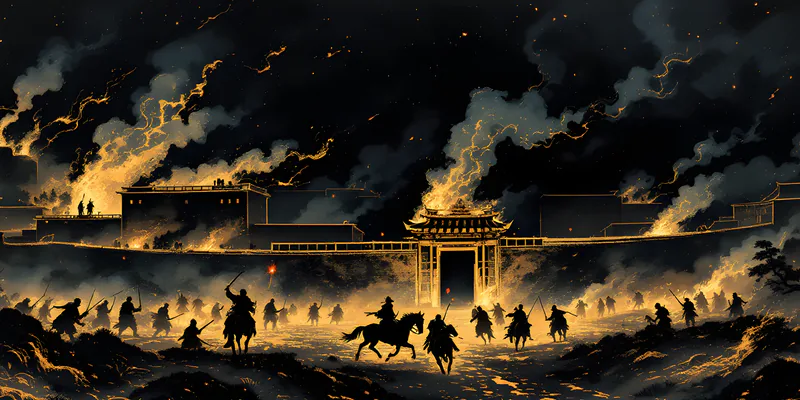 Riders charging a burning fortress gate at night