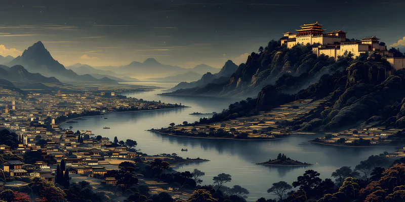 A walled city by a river, under a palace on the hill